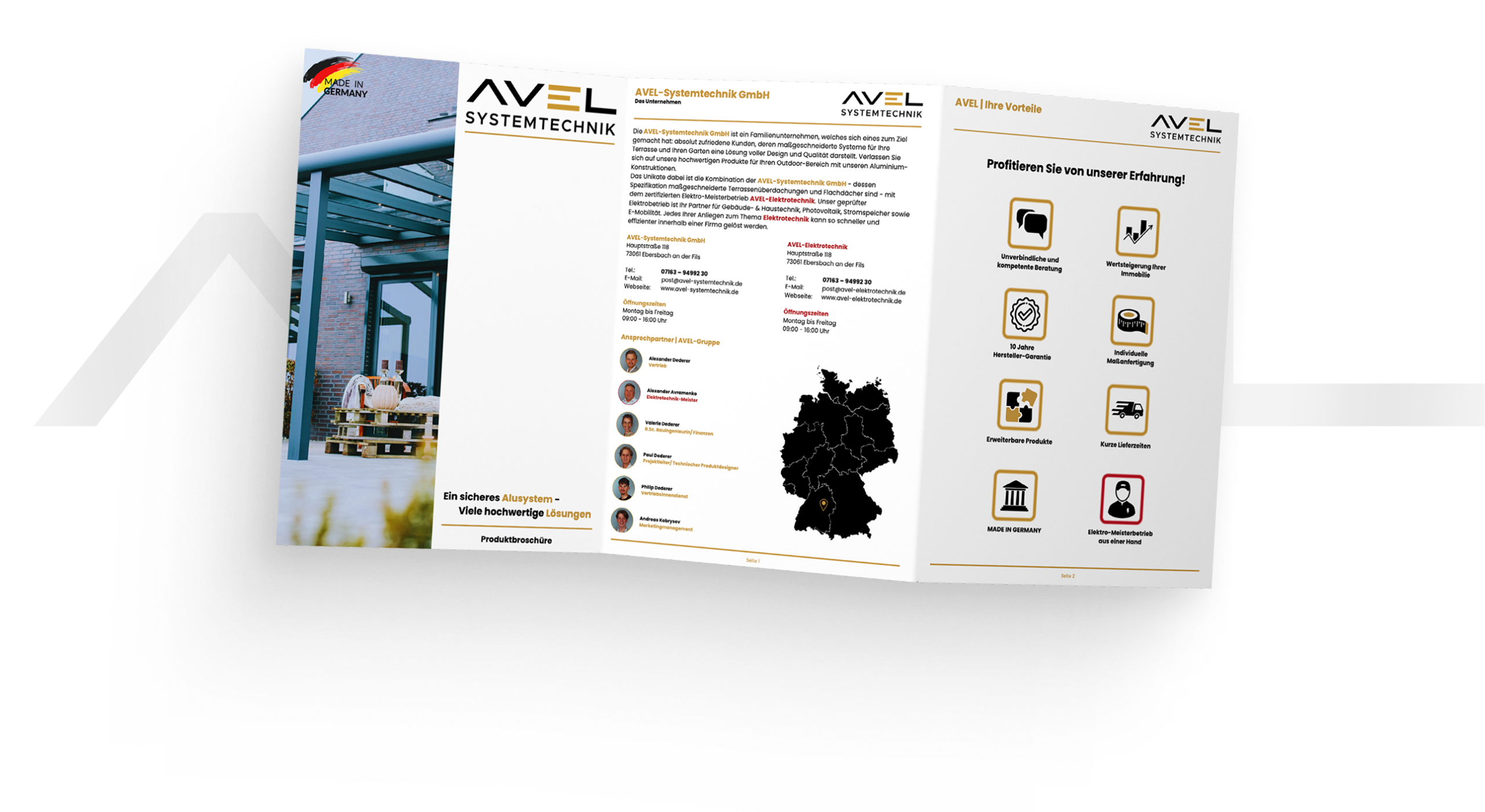 Geöffnete AVEL-Systemtechnik Broschüre mit Informationen und Standortkarte.