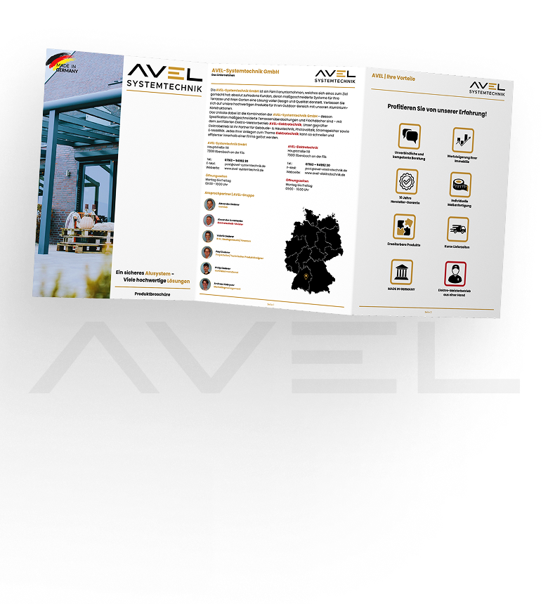 Produktbroschüre von Avel Systemtechnik mit Standortkarte und Unternehmensinfos.