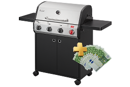Gasgrill mit Euro-Geldscheinen daneben auf weißem Hintergrund.
