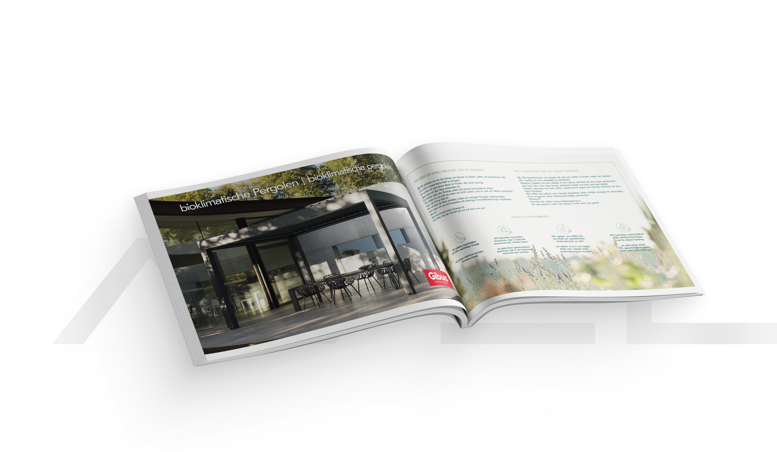 Offenes Magazin zeigt moderne Pergola und Textseiten im Innenbereich.