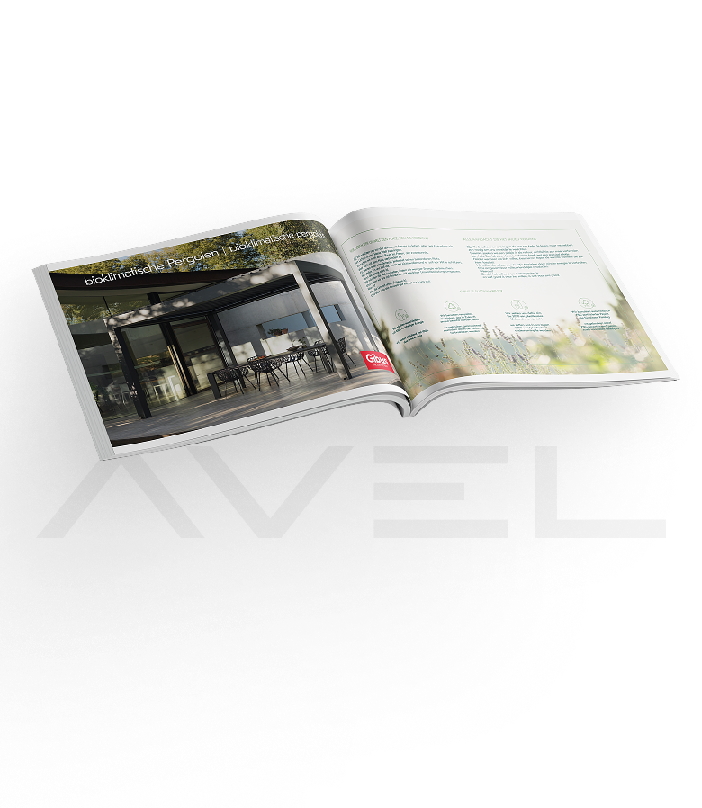 Offenes Magazin mit Bild von moderner Architektur und Textinhalt.