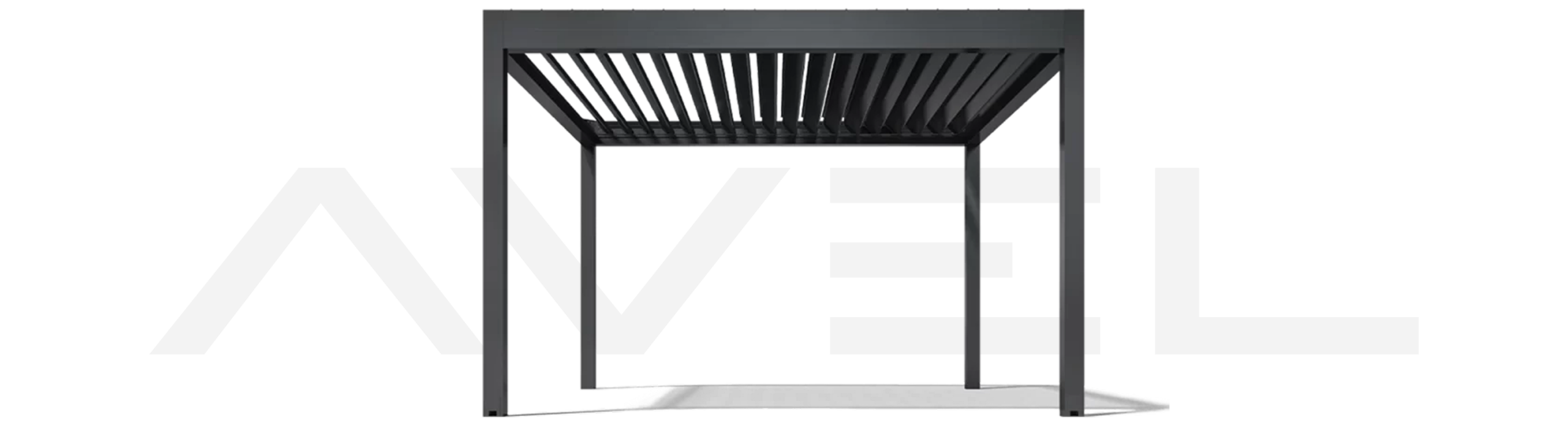 Moderne graue Pergola mit Lamellendach vor neutralem Hintergrund.