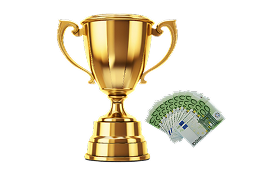 Goldener Pokal neben Fächer von Fünfhundert-Euro-Scheinen auf schwarzem Hintergrund.