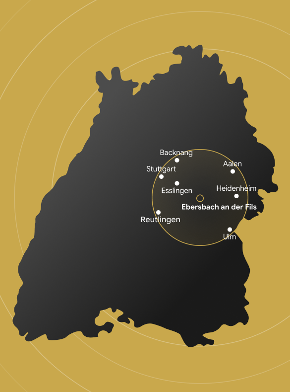 Karte von Baden-Württemberg mit Städten und Kreis um Ebersbach.