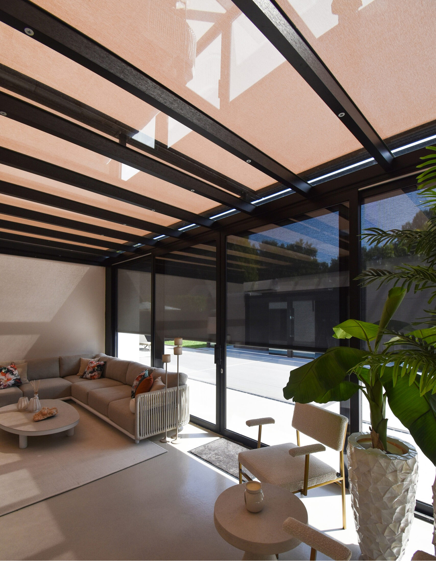 Modernes Wohnzimmer mit großen Fenstern, Sofa, Sesseln und Zimmerpflanze.